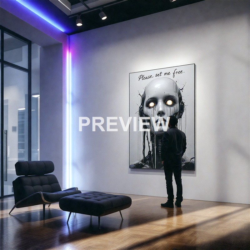 A person standing in an art gallery, observing a large painting of a robotic or cyborg face with glowing eyes and the words "Please, set me free" written above it.